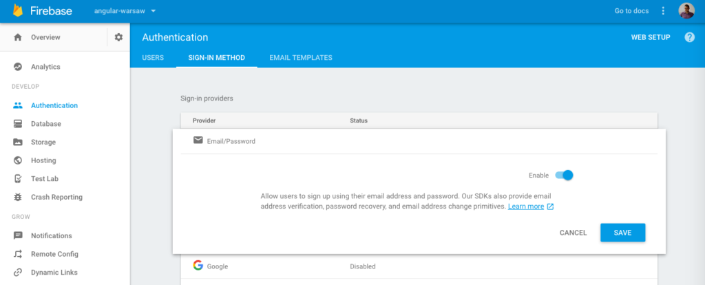 Firebase: enabling email/password authentication